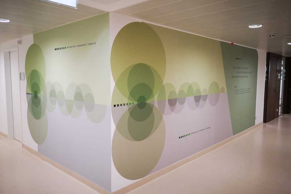 SVS Interiors: Plakative Wandbeklebung mit Kreismuster in Grün- und Beigetönen. Blickfang im Raum.