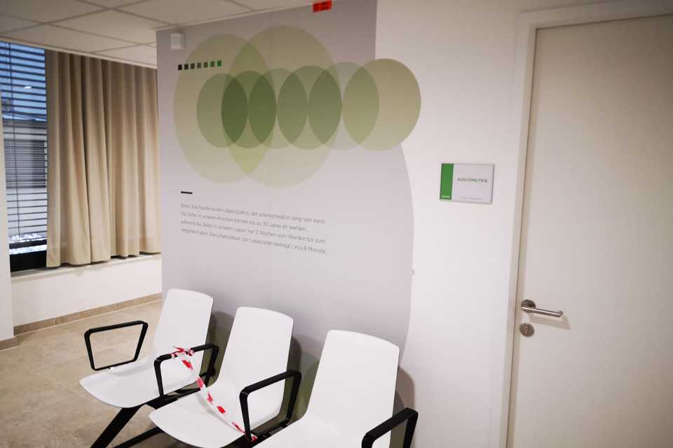 SVS INTERIORS: Wandbeklebung mit Grafik, Wartebereich mit Stühlen, Audiometrie-Hinweis. Modernes Design.