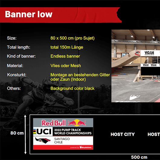 UCI Pump Track WM Tirol: Banner-Design mit Logo, Strecken-Details und Größenangaben. #PumpTrack #Tirol #UCI