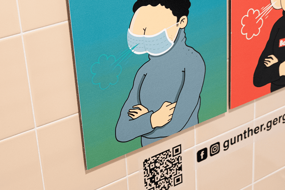 Viva con Agua Kunst: Cartoon einer Person mit Maske. Kunstausstellung in Galerie.